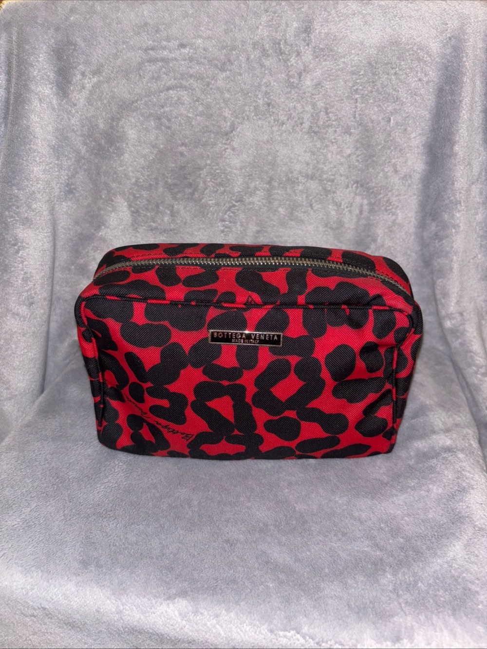 Bottega Veneta Red and Black Leopard Print toiletry pouch with Coa